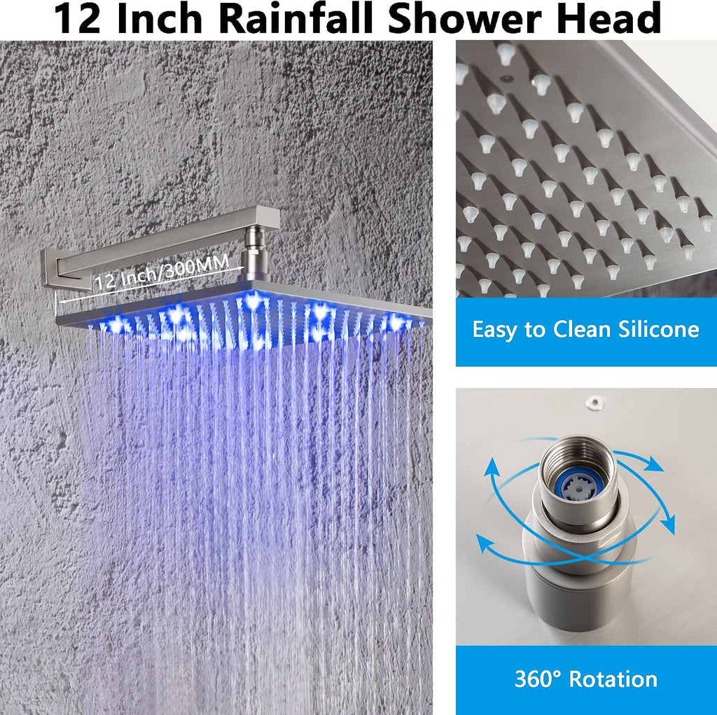 SKOWLL Shower System with 6 Body Jets, Wall Mounted 12 Inch LED Shower Head with Handheld, 3 Color Changing Shower Head High Pressure Shower Faucets Sets Complete, Brushed Nickel