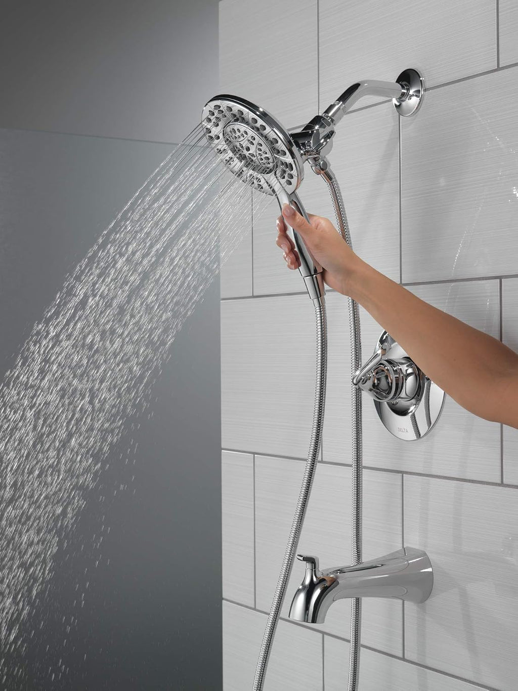 Delta Arvo 14 Series Chrome Bathtub Shower Faucet Set with In2ition 2-in-1 Dual Shower Head with Handheld Spray Combo, Valve Trim Kit, Chrome 144840-I (Valve Included)