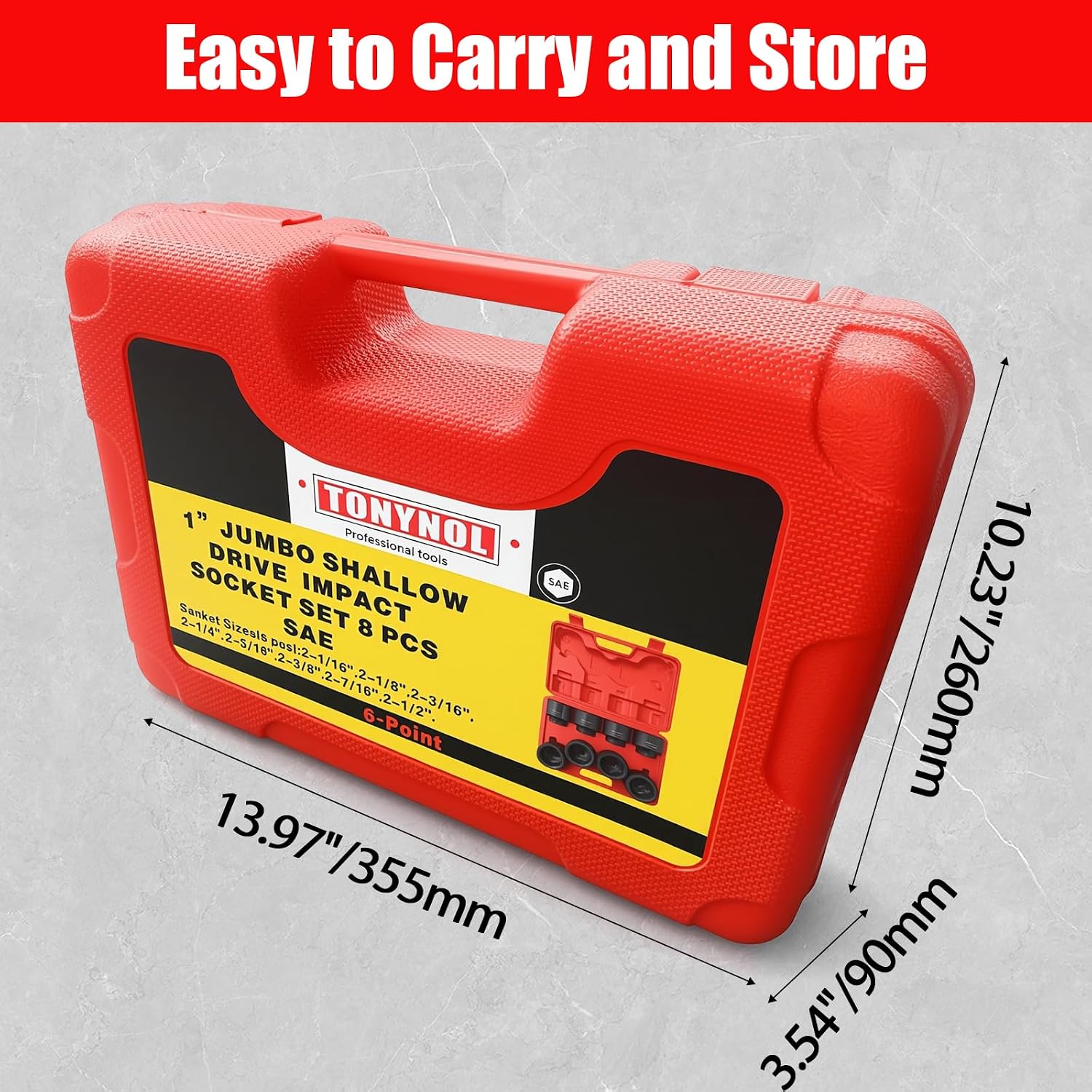 TONYNOL 1 Inch Drive Impact Jumbo Socket Set,6-Point,SAE(2-1/16' to 2-1/2'),8 Pcs,Cr-MO Steel,With a Storage Case