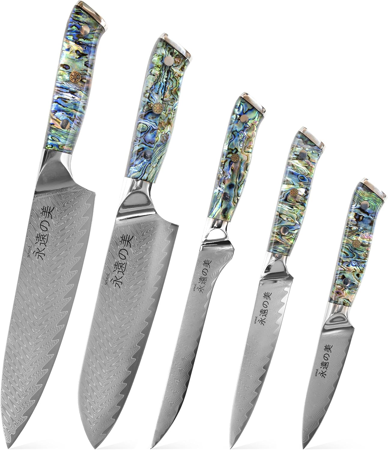 Damascus Kitchen Knife Set | 67-Layer Damascus Steel | Professional Chef Knives Set | Ergonomic Blue Shell Handle | Gift Box Included (Blue-2, 5-Piece Set)