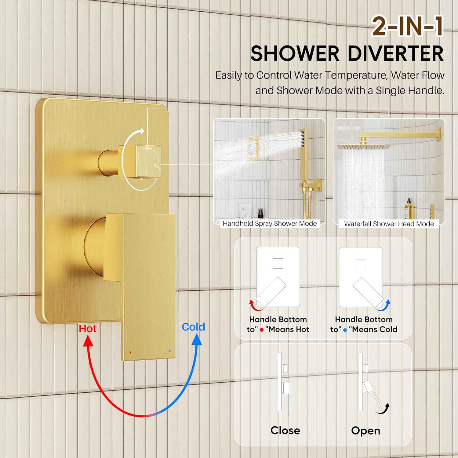 Gold Shower System, Shower Faucet Set with 10' Rain Showerhead and Handheld Combo Spray, Bathroom Wall Mounted High Pressure Shower Combo Set Included Valve and Trim, Brushed Gold
