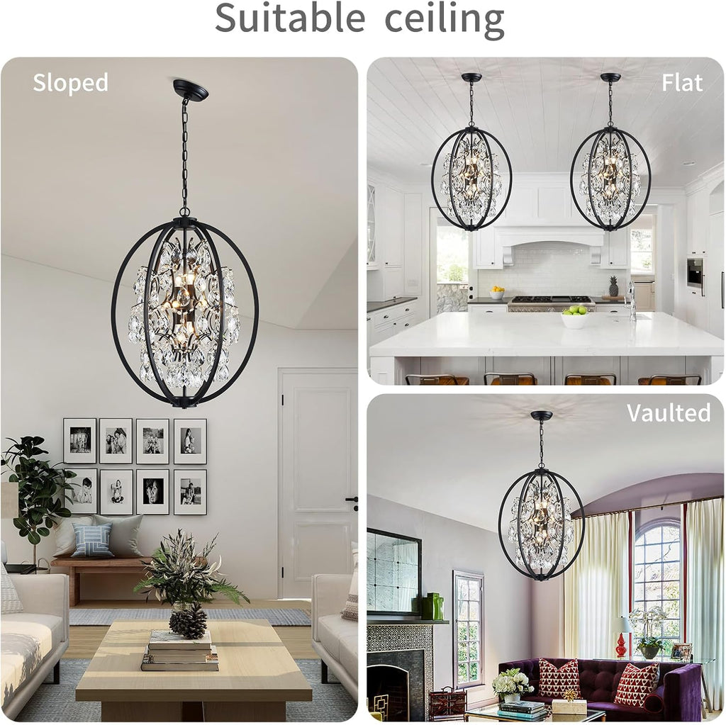 WUZUPS Globe Crystal Chandelier Raindrop Pendant Flushmount Ceiling Light Modern Lighting Fixture for Bedroom Hallway Bar Kitchen Bathroom, H 23.6' x W 19.7', Black, 8 E12 Base