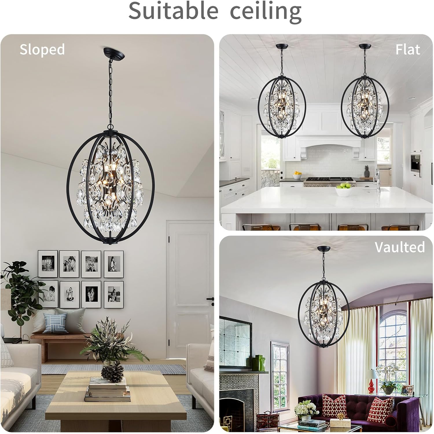 WUZUPS Globe Crystal Chandelier Raindrop Pendant Flushmount Ceiling Light Modern Lighting Fixture for Bedroom Hallway Bar Kitchen Bathroom, H 23.6' x W 19.7', Black, 8 E12 Base