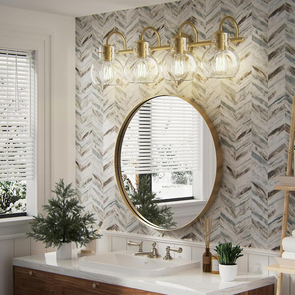 4-Light Gold Bathroom Vanity Light Fixtures, 24 Inch Over Mirror with Clear Glass Shade Wall Mounted Sconces for Bathroom, Living Room, Hallway, E26 Base