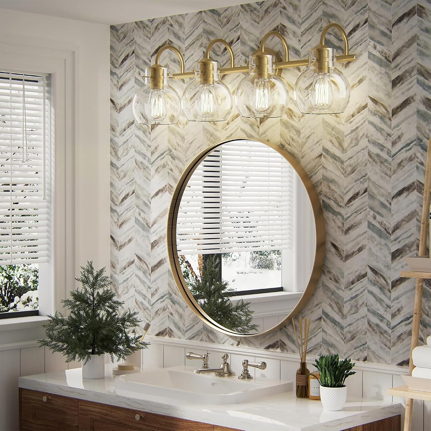 4-Light Gold Bathroom Vanity Light Fixtures, 24 Inch Over Mirror with Clear Glass Shade Wall Mounted Sconces for Bathroom, Living Room, Hallway, E26 Base