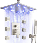 SKOWLL Shower Body Faucet Set Ceiling Mount 12 Inch LED Shower Head, 6 Body Spray Jet, High Pressure Shower System Sets Complete Rough-in Valve and Shower Trim Kit System, Brushed Nickel