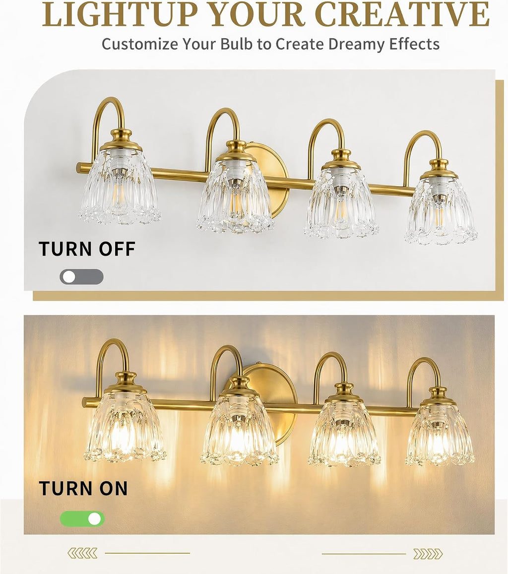 Bathroom Light Fixtures, 4 Light Brushed Gold Vanity Lights for Bathroom with Clear Tulip Crystal Glass Shade, 27 in Vintage Bathroom Vanity Lights Over Mirror for Bedroom, Living Room, Hallway