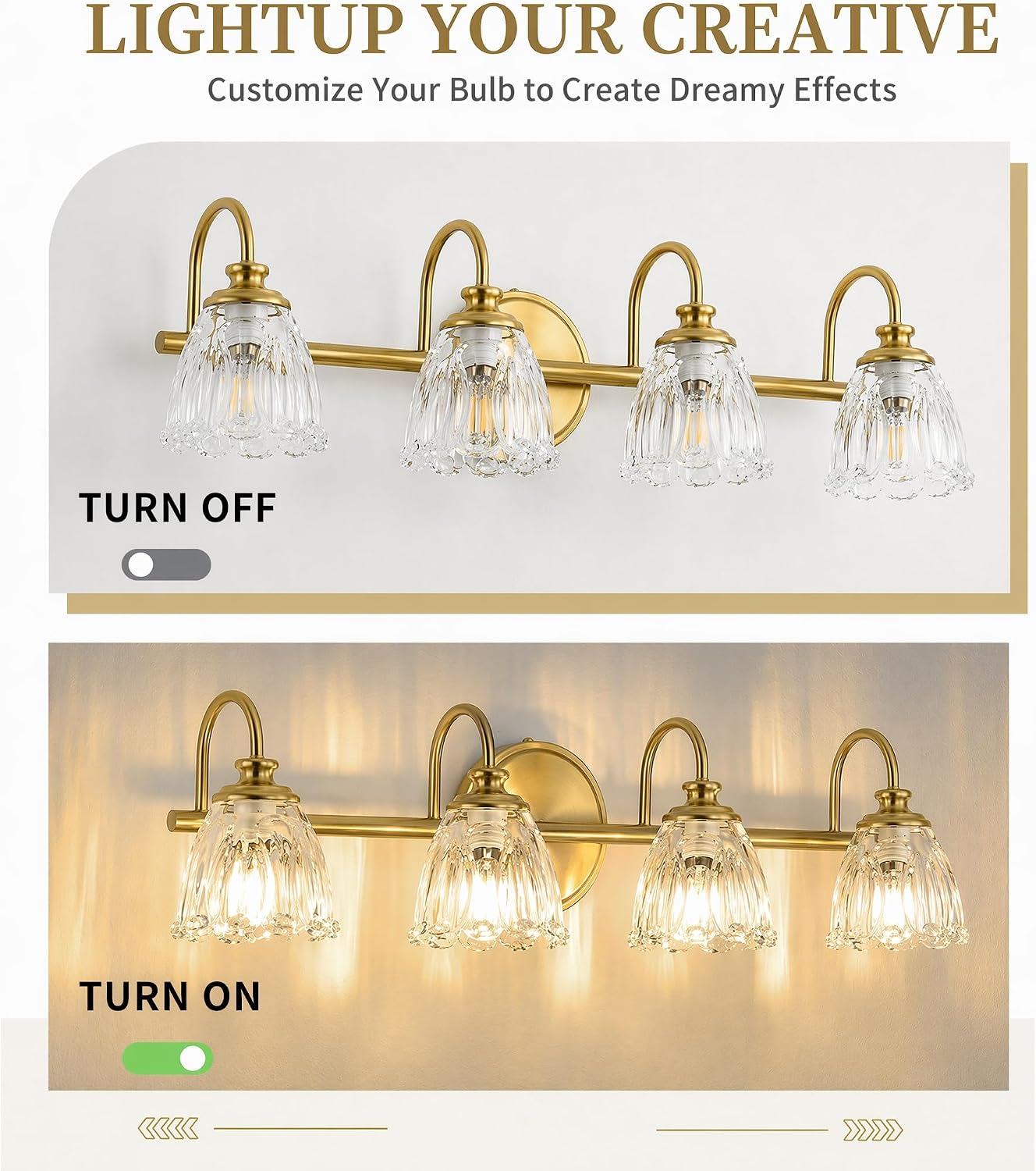 Bathroom Light Fixtures, 4 Light Brushed Gold Vanity Lights for Bathroom with Clear Tulip Crystal Glass Shade, 27 in Vintage Bathroom Vanity Lights Over Mirror for Bedroom, Living Room, Hallway
