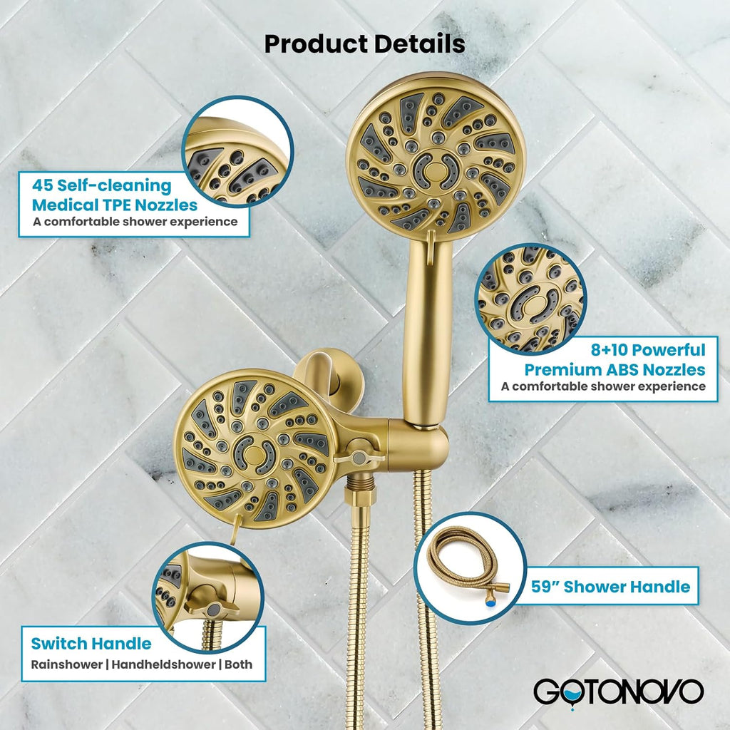 gotonovo Dual 2 in 1 Shower Head Kit High Pressure Combo System Shower Faucet 6 Modes ABS Handheld Spray Shower Trim Kit with Valve Shower Head and Handle Set Brushed Gold