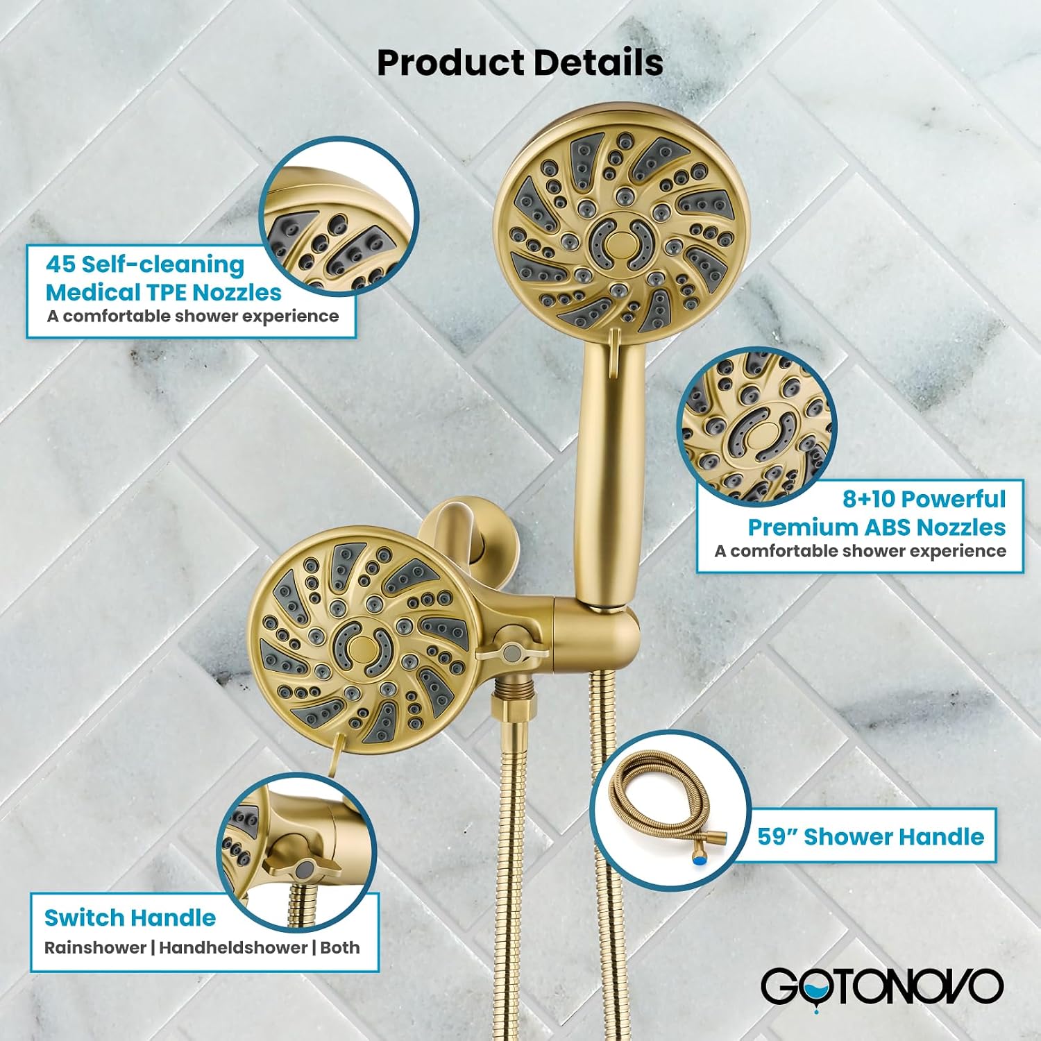 gotonovo Dual 2 in 1 Shower Head Kit High Pressure Combo System Shower Faucet 6 Modes ABS Handheld Spray Shower Trim Kit with Valve Shower Head and Handle Set Brushed Gold