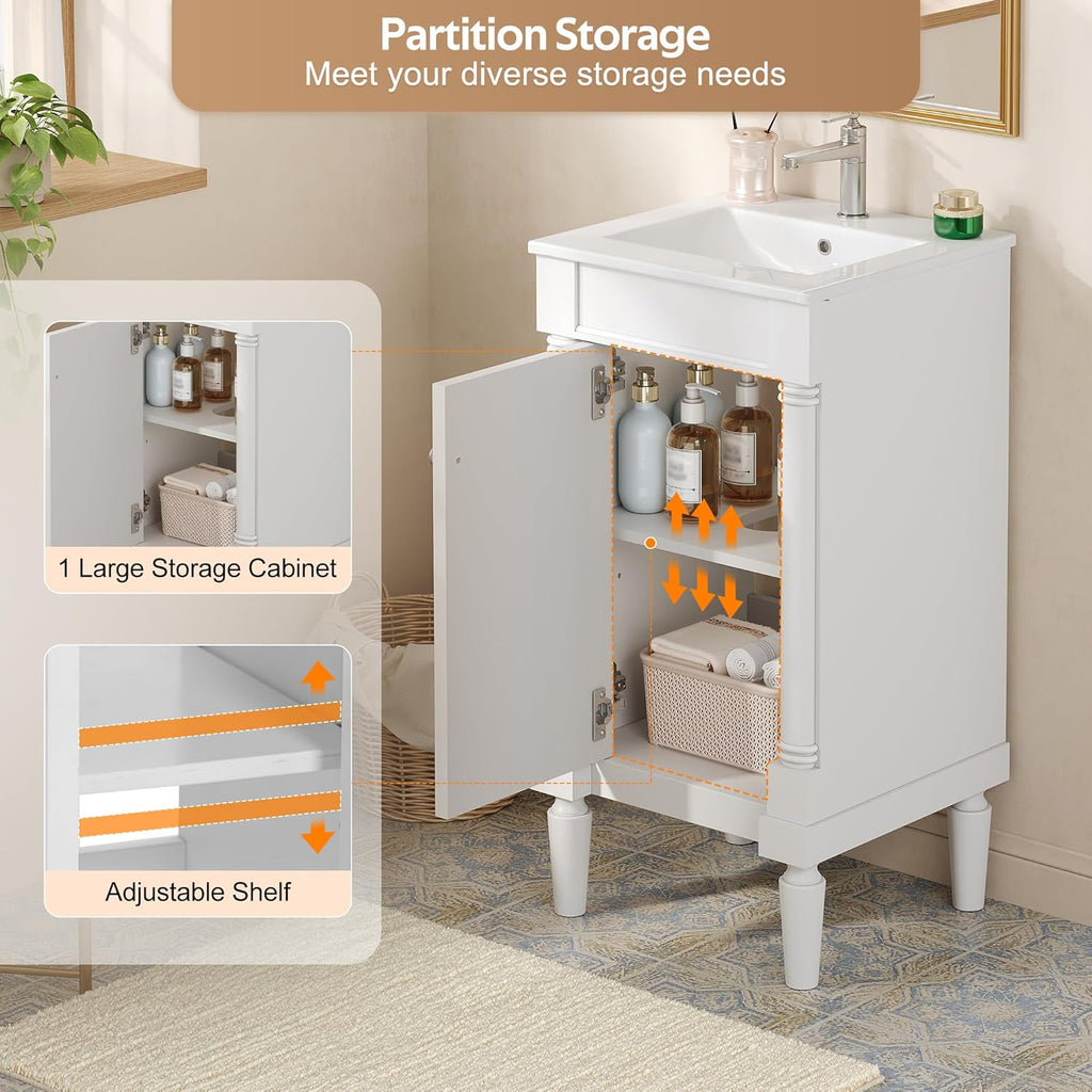 Virubi 18 Inch Bathroom Vanity with Sink, Small Bathroom Vanity for Powder Room, Adjustable Shelf and Soft-Close Door, Solid Wood Frame Bathroom Storage Cabinet(White)