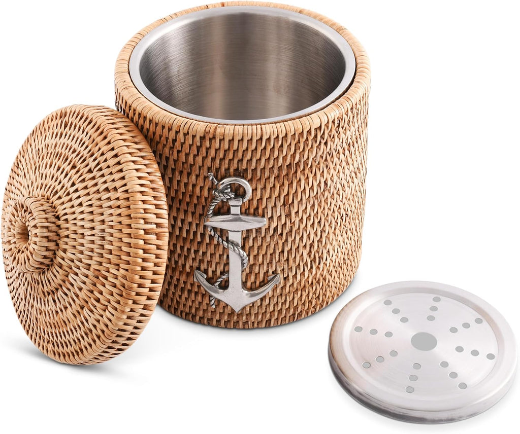 Vagabond House Inspiring Beach Essentials - Luxury Double-Walled Wicker Rattan Ice Bucket with Pewter Metal Anchor, Durable Outdoor Cooler Side Table for Beach House Coastal Boating Lidded ice cooler