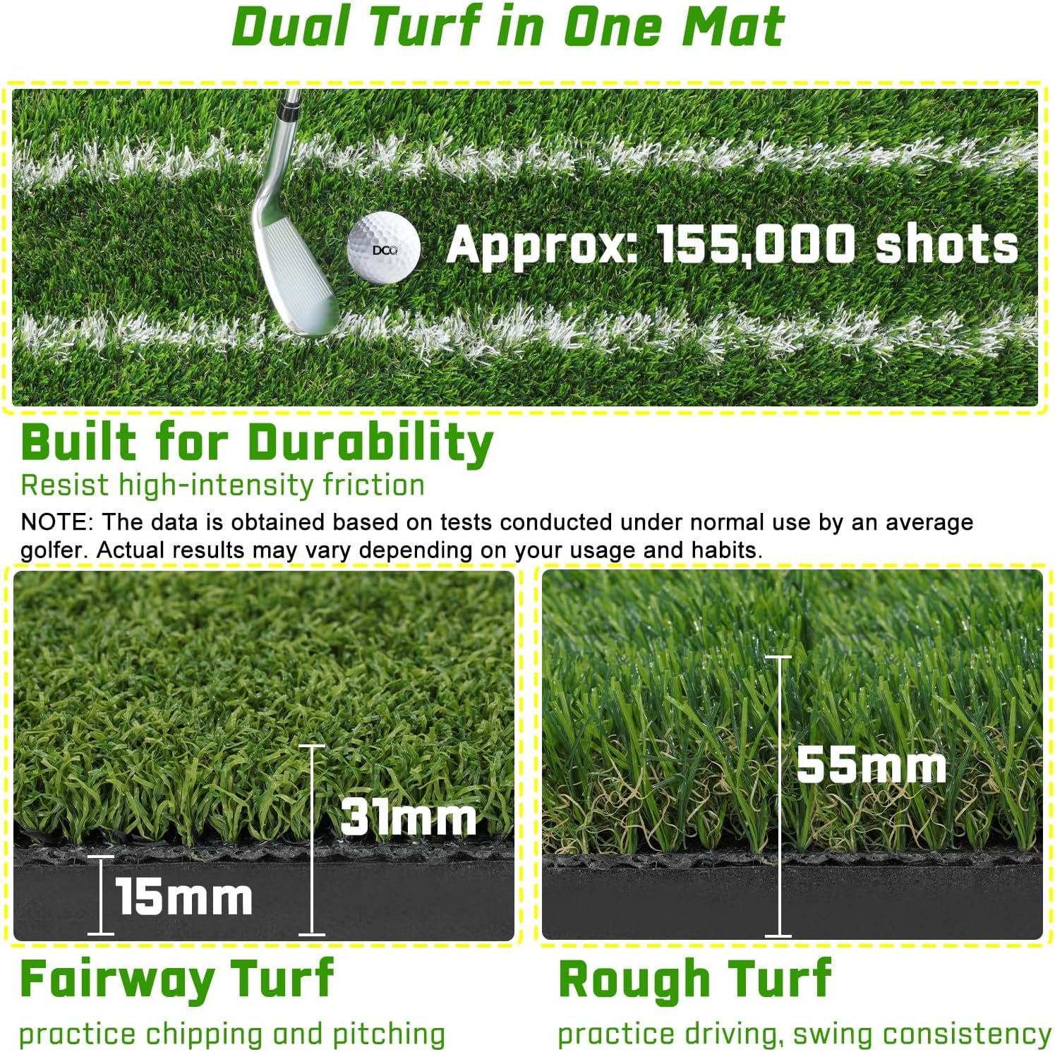 DCQ Real Feel Golf Hitting Mat, 6x4ft & 5x4ft Golf Mat, Approach Angle Training, Practice Outdoor & Indoor, Driving Chipping Putting, Golf Turf Mat, Simulator Mat
