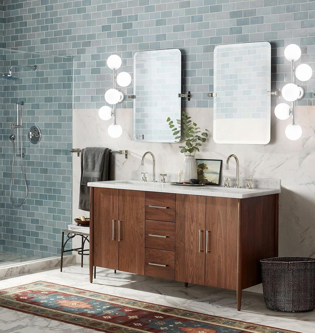 Bathroom Vanity Lights, Mid Century Modern 5-Light Bathroom Light Fixtures, Chrome Bathroom Lights Ceiling Light, Wall Sconces Wall Mount Light Fixtures with Milk Globe Glass, Chrome Finish, G9 Base