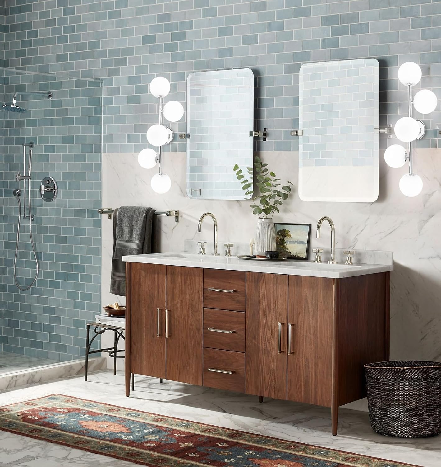 Bathroom Vanity Lights, Mid Century Modern 5-Light Bathroom Light Fixtures, Chrome Bathroom Lights Ceiling Light, Wall Sconces Wall Mount Light Fixtures with Milk Globe Glass, Chrome Finish, G9 Base