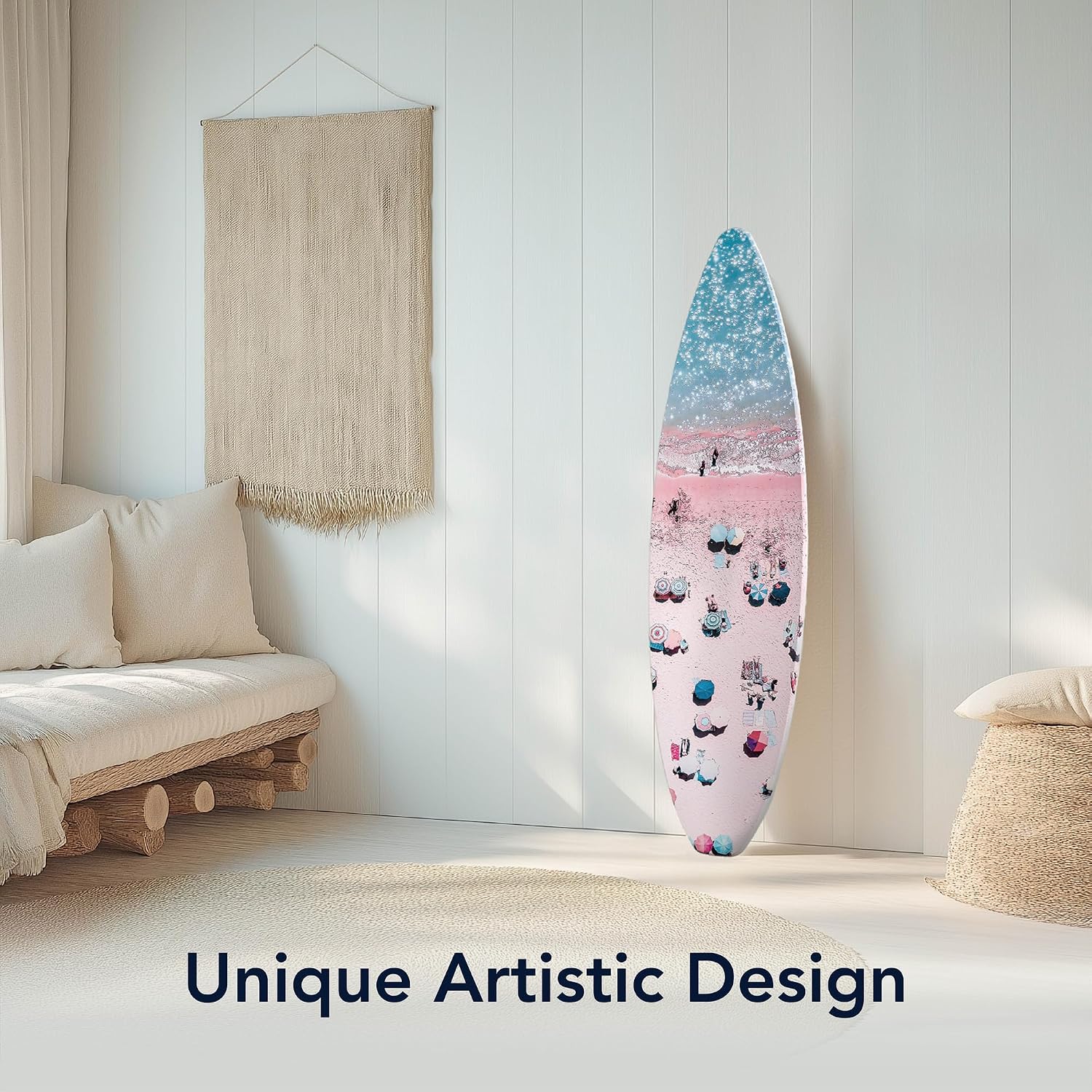 American Art Decor Surfboard - Crowd on the Beach Wall Art - Beach shore Room Decor, Bathroom Wall Decor, Coastal Home & Office Decor, Surf-Inspired Bedroom & Living Room Wall Decor