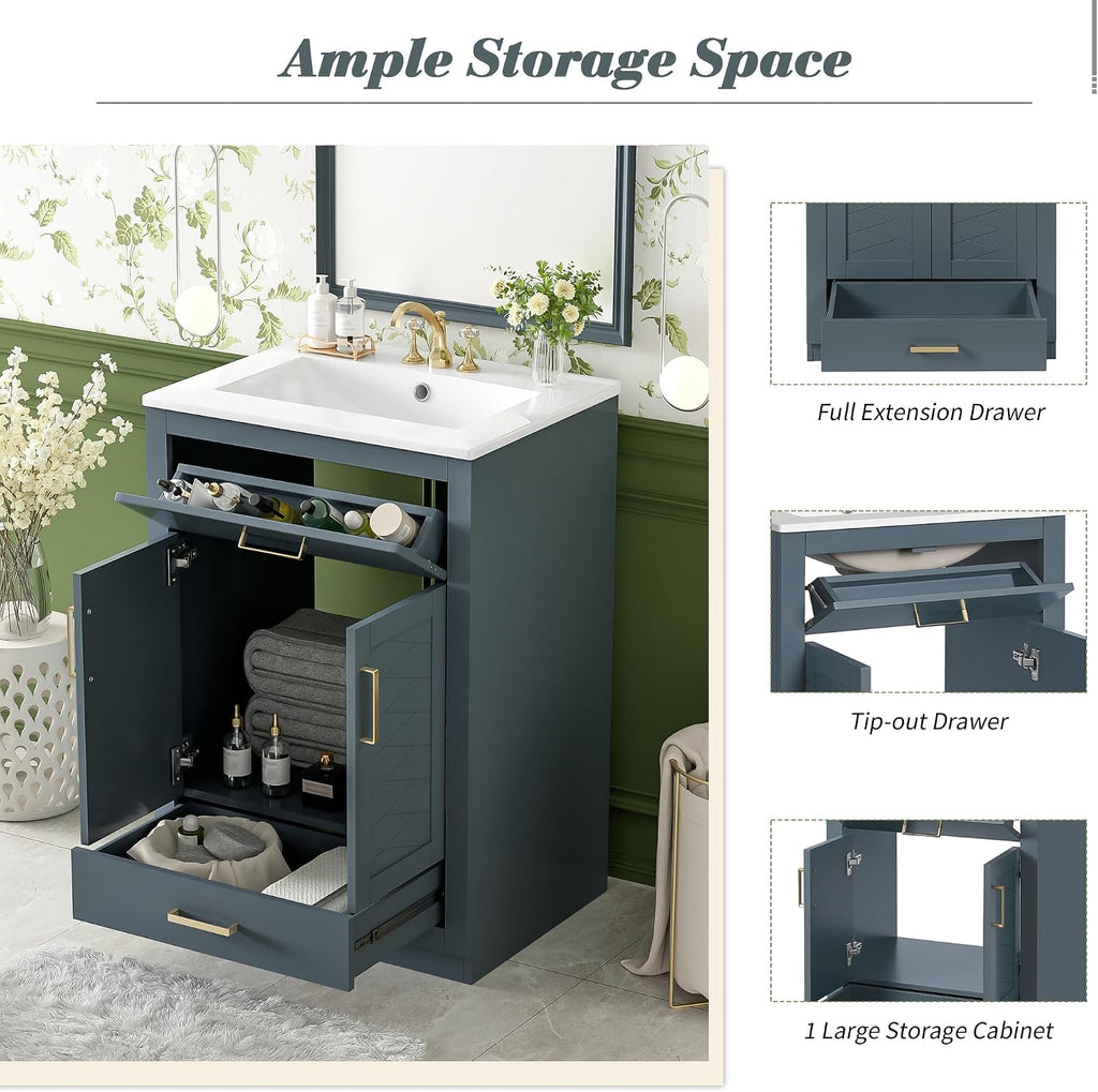 24 Inch Dark Blue Bathroom Vanity with Sink & Integrated Countertop,Freestanding Single Bathroom Vanity with Gold Handles,Tip-Out Tray & Bottom Drawer,Soft Closing Doors,Herringbone Front