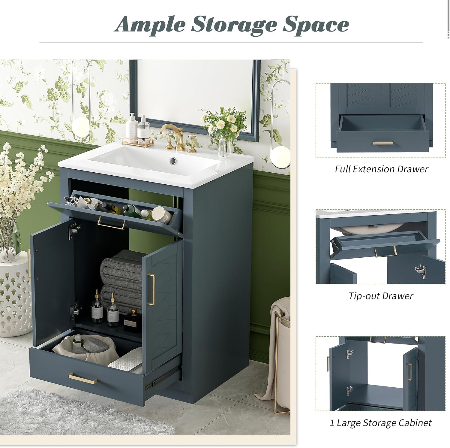 24 Inch Dark Blue Bathroom Vanity with Sink & Integrated Countertop,Freestanding Single Bathroom Vanity with Gold Handles,Tip-Out Tray & Bottom Drawer,Soft Closing Doors,Herringbone Front
