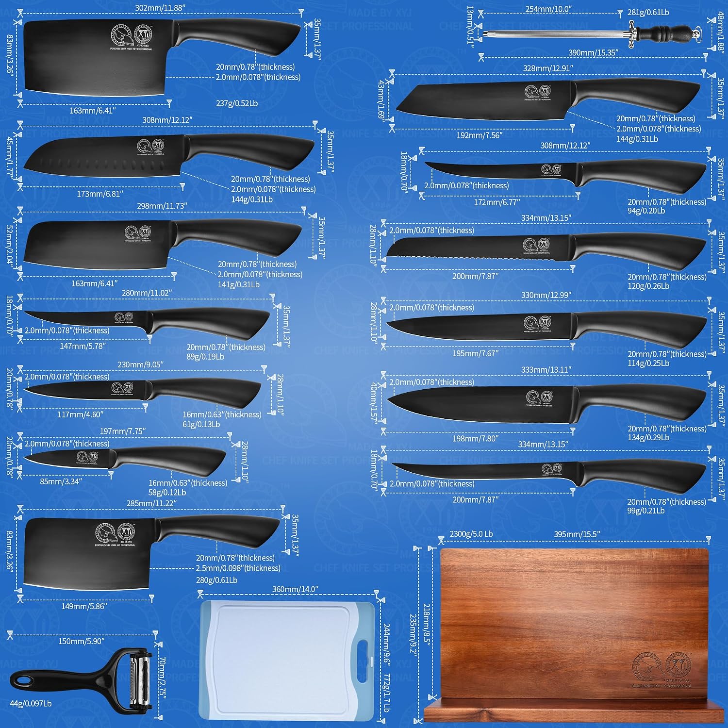 XYJ Professional Knife Sets for Master Chefs,Meat Cleaver Butcher for Camping,Chef Knife Set with Magnetic Knife Block,Stainless Steel Kitchen Knives Tools Kit