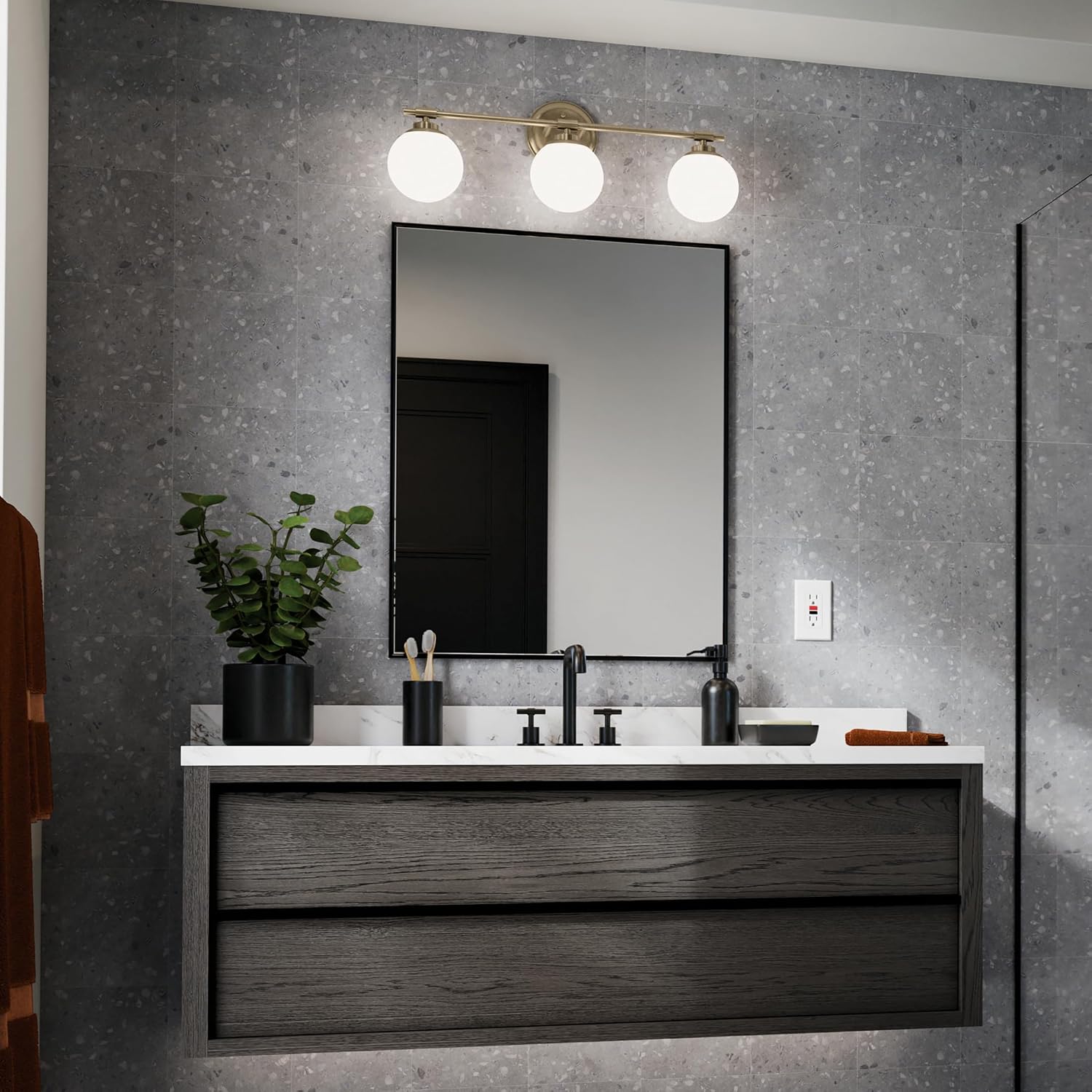 Kichler Benno 3-Light Bathroom Vanity Light Fixture, Modern Wall Mount with Opal Glass in Champagne Bronze, for Bathroom or Powder Room (8.75' x 24.5'), 55172CPZ