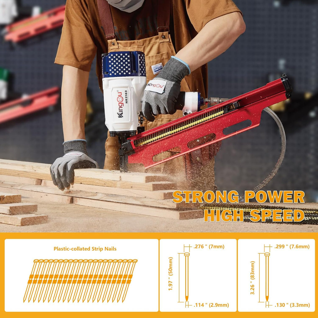 KingOu American Style NR2183 21 Degree Aluminum Magazine Framing Nailer, Pneumatic Framing nail gun, 2-Inch up to 3-1/4-Inch Plastic Collated Full Head Framing Nails, Framing, Wooden House Building