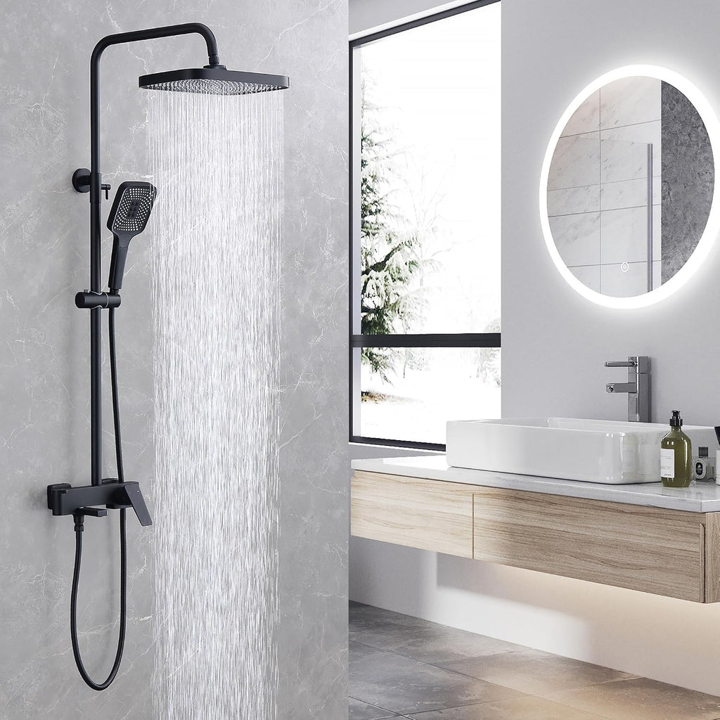 Shower Systems with 12 x8 Inches Rain Shower Head, Matte Black Exposed Pipe Shower System,3 Functions Tub Shower Faucet Sets,Overhead Shower System with Handheld