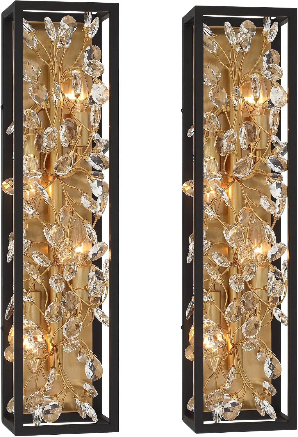 Possini Euro Design Carrine Modern Wall Lights Set of 2 Black Gold Plated Hardwired 6' 4-Light Fixture Clear Crystal Flower Vine for Bedroom Bathroom Vanity Reading Living Room Hallway House Home