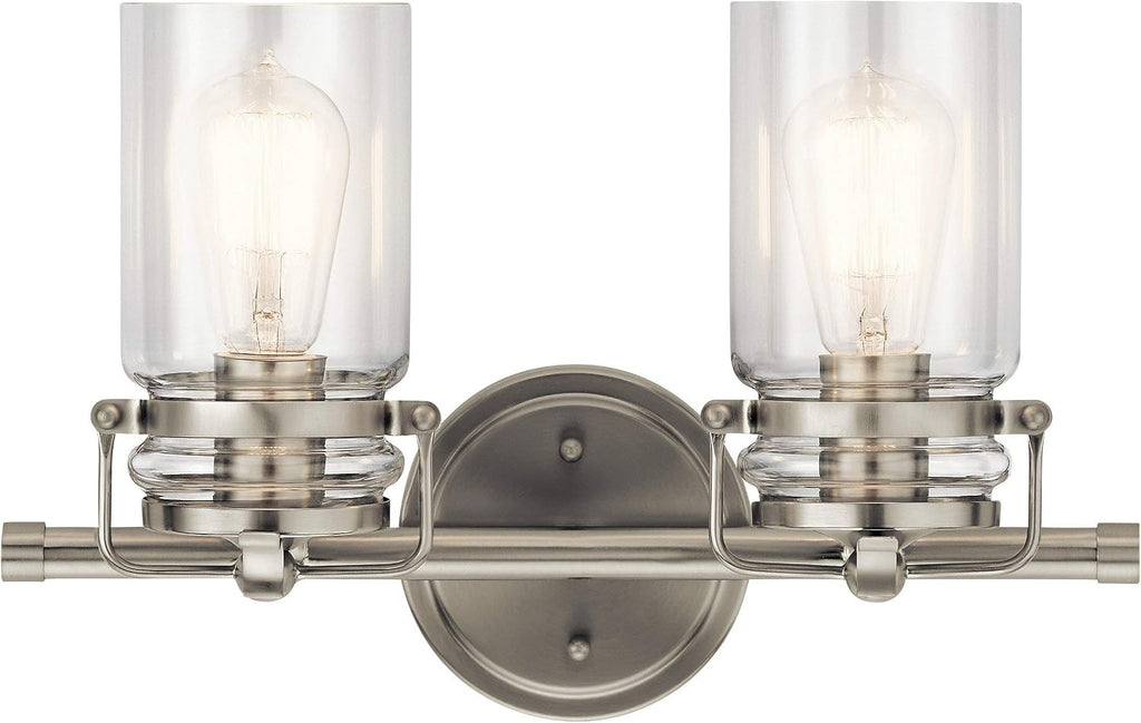 Kichler Brinley 15.75' Vanity Light in Brushed Nickel, 2-Light Farmhouse Bathroom Vanity Light with Clear Glass, (15.75' W x 10' H), 45688NI