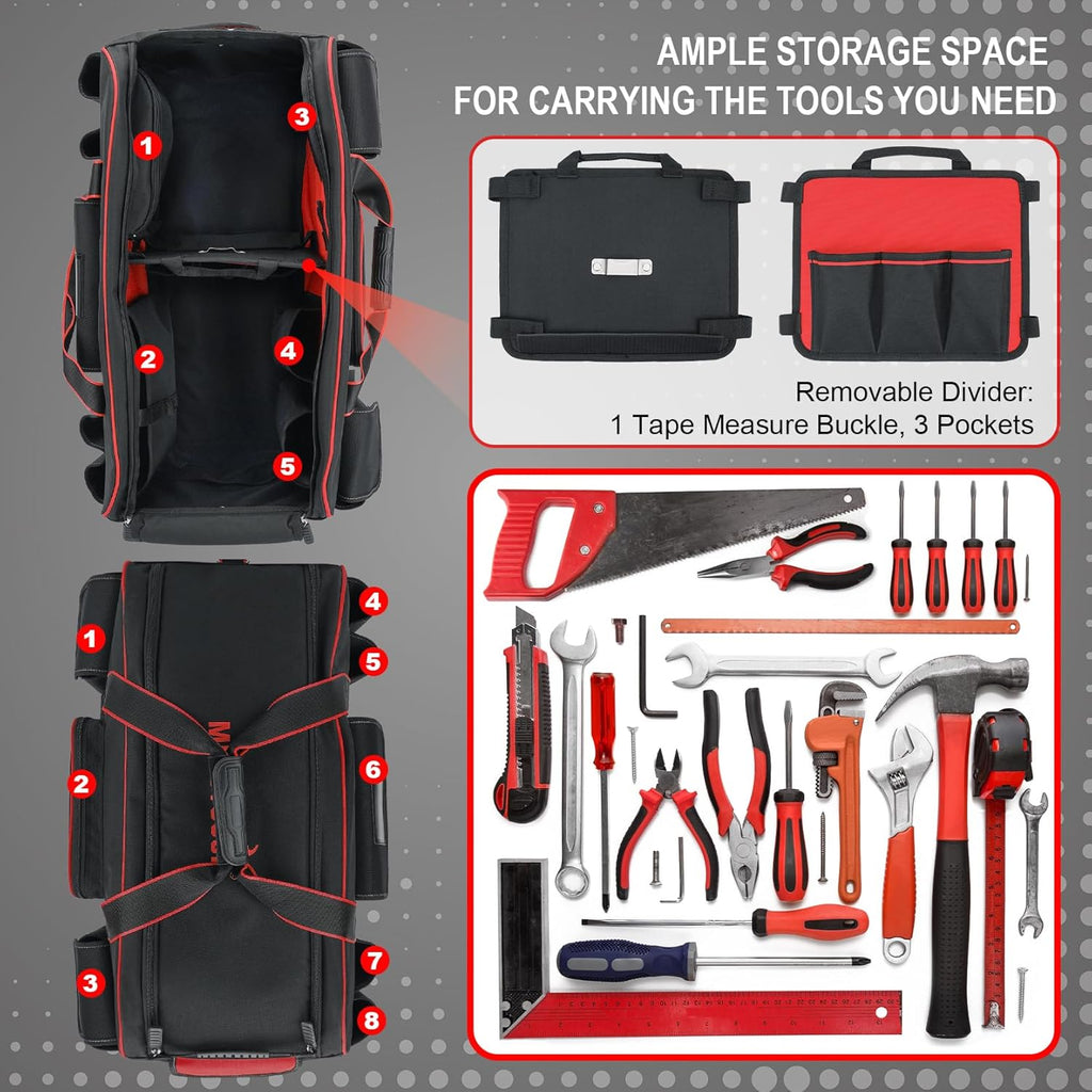 MELOTOUGH Heavy Duty Framing Nail Gun Tool Bag with Extra Storage Pockets Shoulder Strap, Rolling Tool Bag with Wheels with Concealed Telescoping Handle for Electrician,Construction,HVAC,Technician