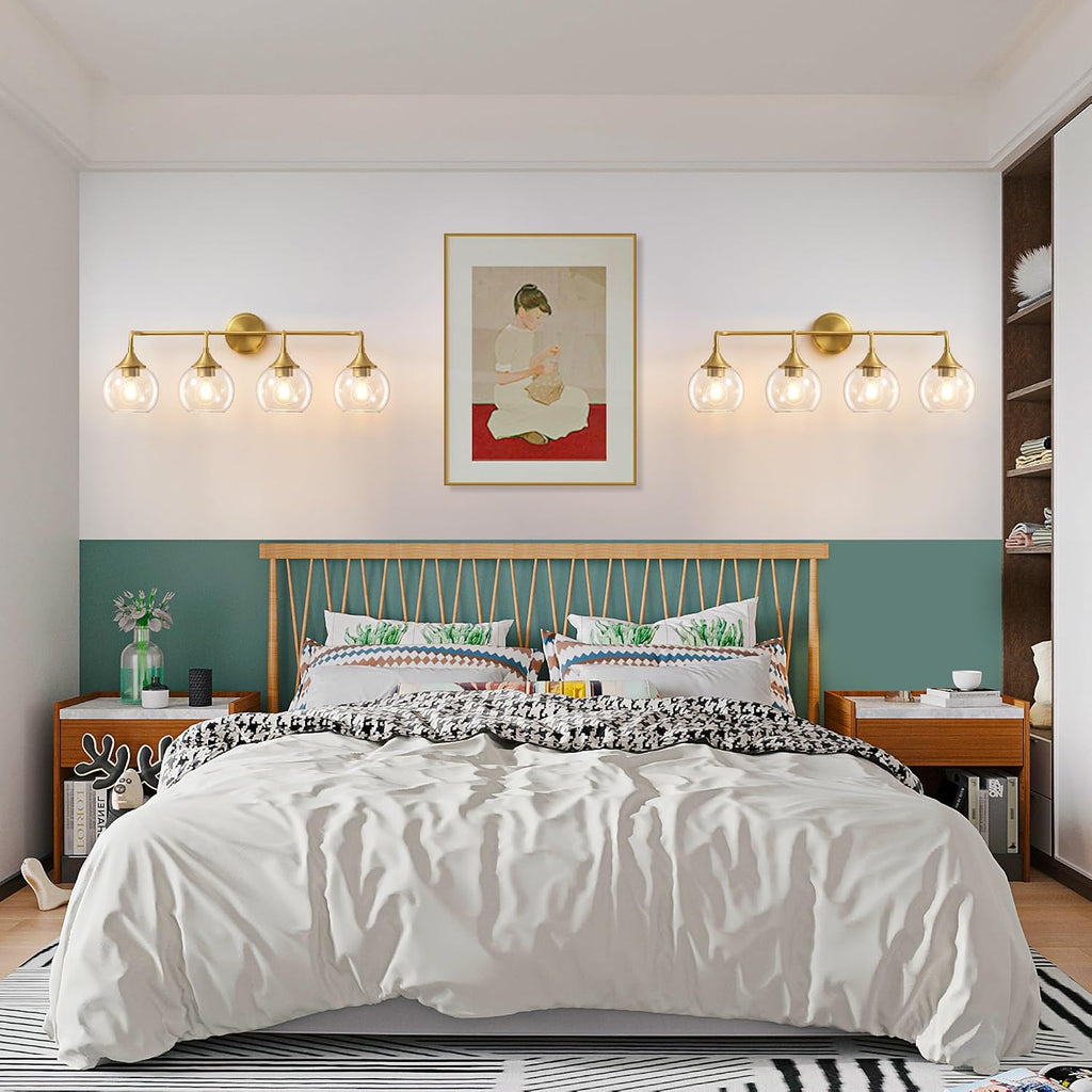 Bathroom Vanity Light Gold, 4 Light Bathroom Light Fixtures Over Mirror with Clear Glass Shade, 31 inch Vanity Lights for Bathroom Farmhouse (Exclude E26 Bulb)