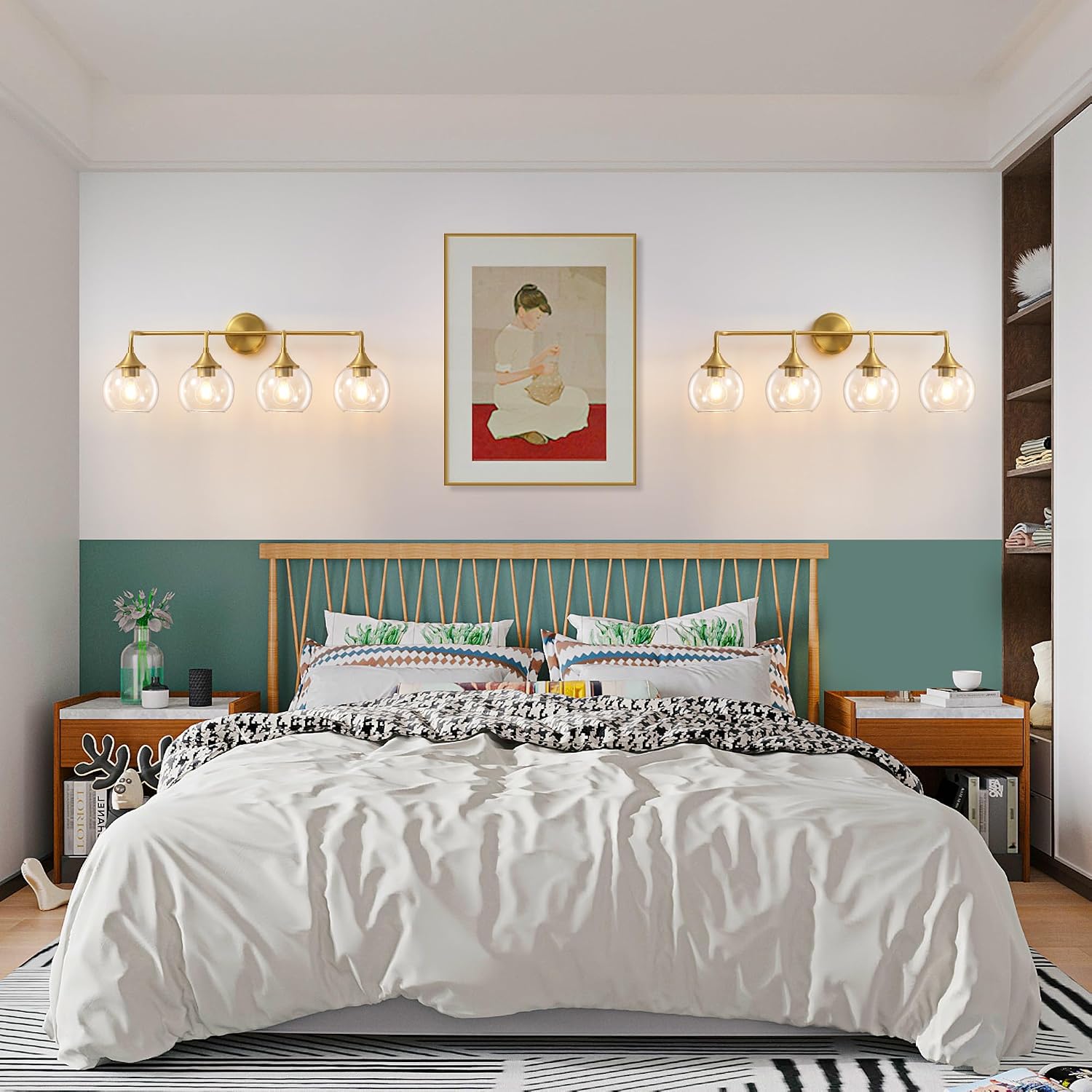 Bathroom Vanity Light Gold, 4 Light Bathroom Light Fixtures Over Mirror with Clear Glass Shade, 31 inch Vanity Lights for Bathroom Farmhouse (Exclude E26 Bulb)