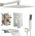 Brushed Nickel Shower System with 12-Inch Rain Showerhead and Tub Spout | cUPC-certified pressure balance brass valve to prevent scalding, CEC-certified air injection technology for low pressure