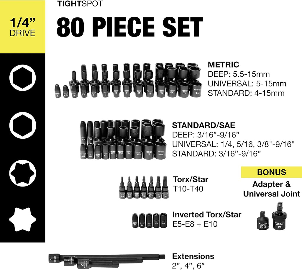 TIGHTSPOT 1/4' Drive 80pc Impact Socket MASTER SET, our Most Complete Set Ever with SAE & Metric from 3/16 Inch - 9/16 Inch, 4mm - 15mm, Standard/Deep/Universal & Torx & Inverted Torx Sockets & More