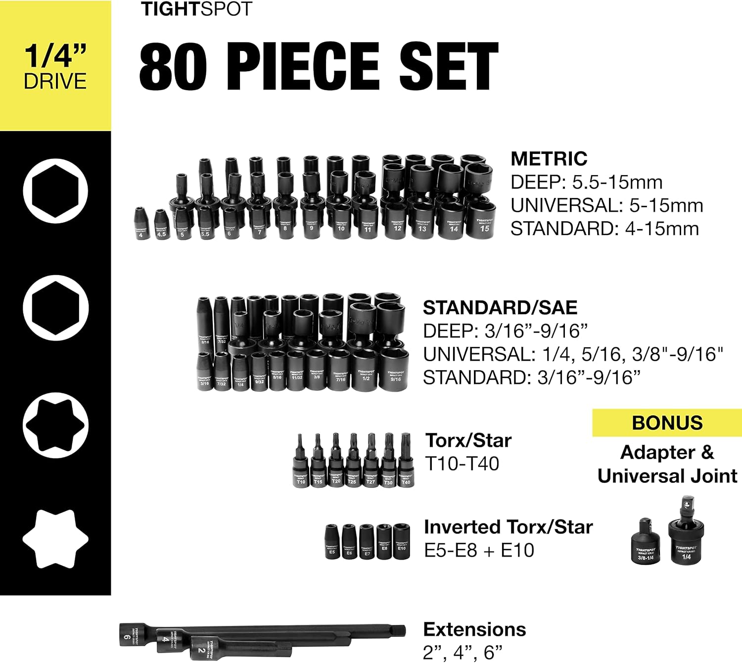 TIGHTSPOT 1/4' Drive 80pc Impact Socket MASTER SET, our Most Complete Set Ever with SAE & Metric from 3/16 Inch - 9/16 Inch, 4mm - 15mm, Standard/Deep/Universal & Torx & Inverted Torx Sockets & More
