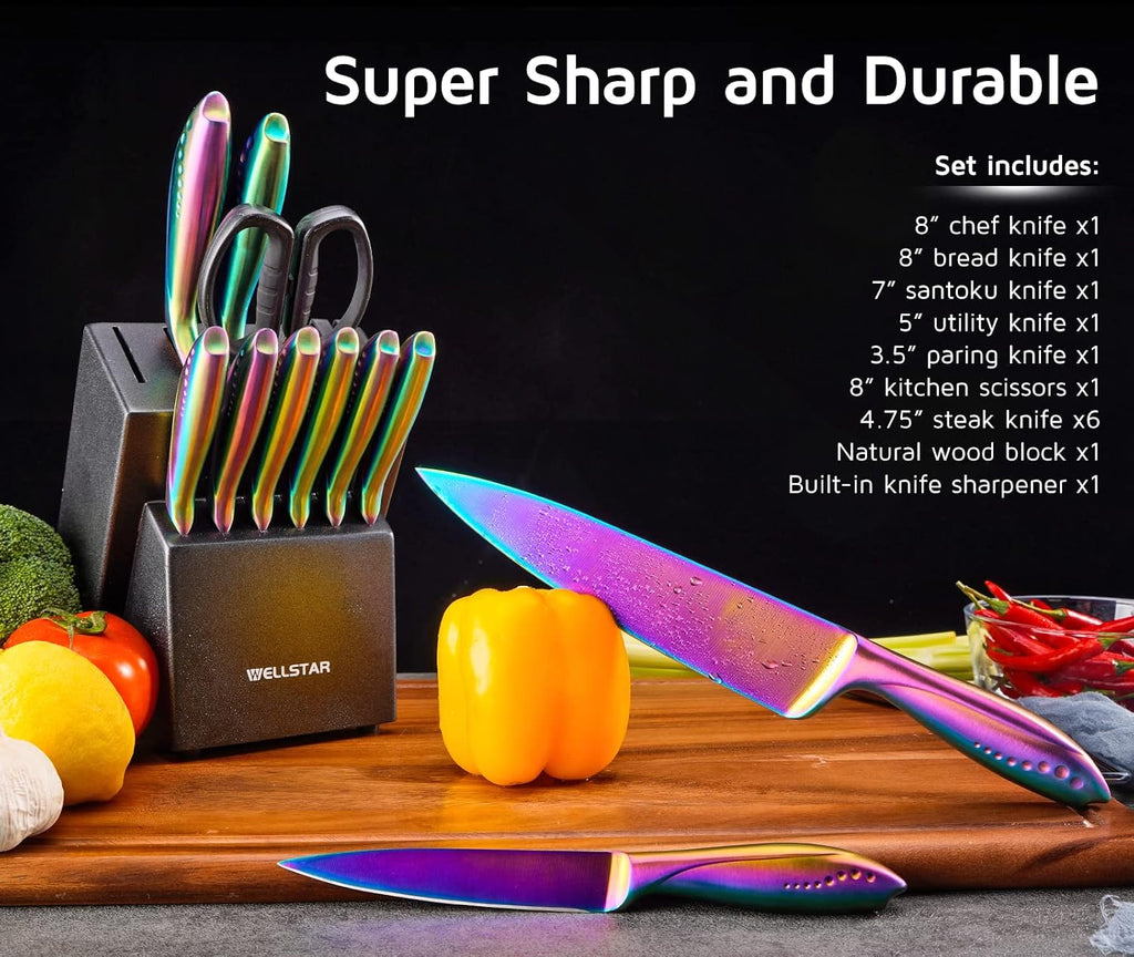 WELLSTAR Rainbow Knife Set 14 Pieces, Iridescent German Stainless Steel Kitchen Knives Set with Wooden Block, Colorful Titanium Coating, Chef's Knife Block Set with Scissors and Built-in Sharpener