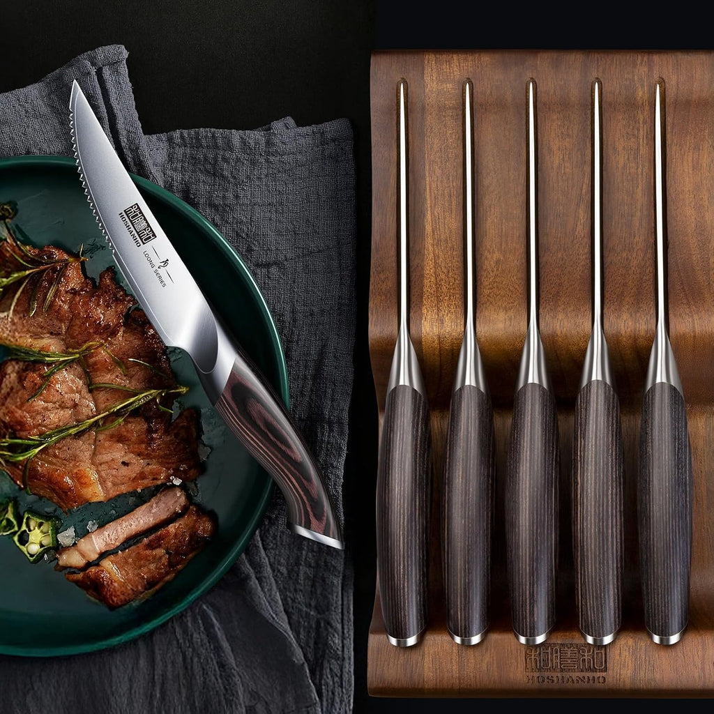 HOSHANHO Steak Knives Set of 6 with Block, 4.5 Inch Serrated Steak Knife Set, Japanese High Carbon Steel Kitchen Steak Knives with Ergonomic Handle