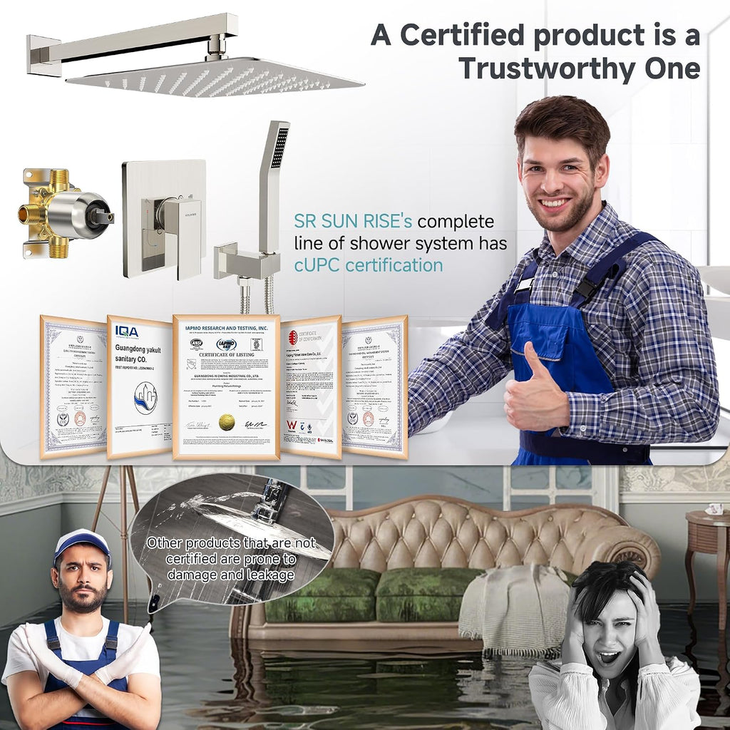 SR SUN RISE Shower Faucet Set & System - 12 Inch Rainfall Shower Head & Handle Set Wall Mounted Brushed Nickel Solid Brass Valve Trim Kit Included