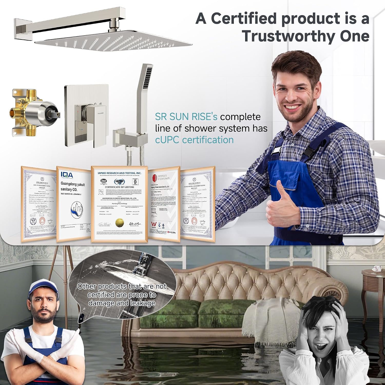 SR SUN RISE Shower Faucet Set & System - 12 Inch Rainfall Shower Head & Handle Set Wall Mounted Brushed Nickel Solid Brass Valve Trim Kit Included