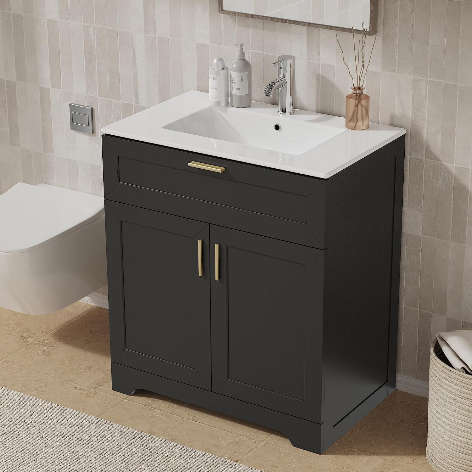 KIGOTY 30' Modern Bathroom Vanity with Ceramic Sink, Wooden Bathroom Storage Cabinet and Sink Combo Set, Freestanding Vanity Sink Cabinet with Faucet, Drawer and Soft-Closing Door (Black)