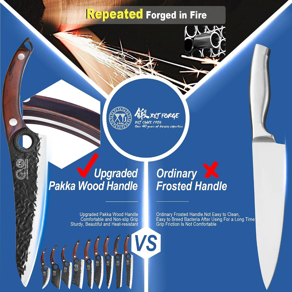 XYJ Professional Kitchen Knife Set with High-Carbon Steel Forged Blades, Chef's Knife, Cleaver, Carving Knife, Nakiri, Full Tang Design, Includes Carrying Bag & Poultry Scissors