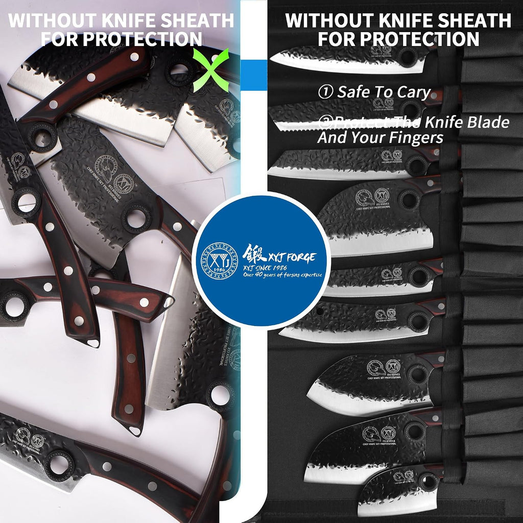 XYJ Professional Serbian Chef Knife Set with Roll Bag, Japanese Culinary Knives, Meat Cleaver, Kitchen Chopping Knife, and Protective Sleeves, Perfect for Home Cooking or Outdoor Camping (13)