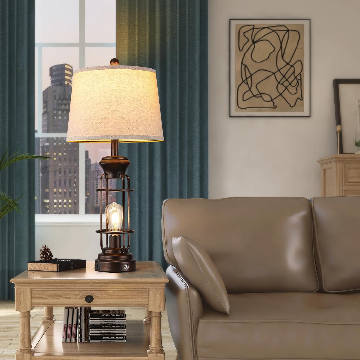 Table Lamps for Living Room Set of 2, 28.5' Farmhouse Lamps for Nightstand with USB C+A Ports, Touch Lamps for Bedroom, LED Bulbs Included
