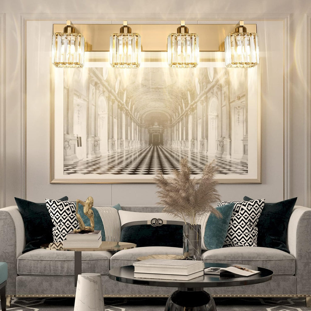 Aipsun Bathroom Lighting Fixtures Modern Crystal Vanity Light Brass 4 Light Bathroom Vanity Light (Exclude Bulb)
