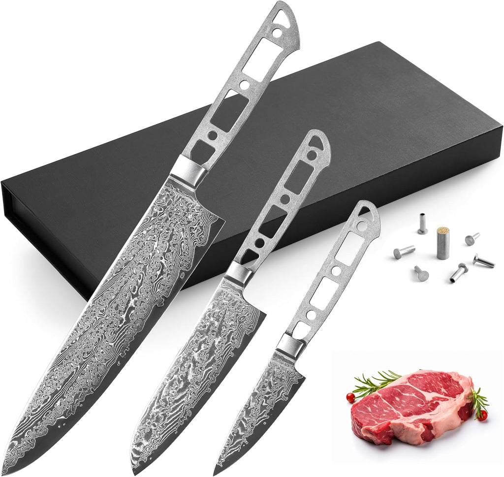 KATSURA Woodworking Project Kit – 3-Piece Chef Knife Set Blank – 8' Chef Knife+5' Inch Santoku+3.25' Inch Paring Knife – Japanese Premium AUS 10, 67 Layers Damascus Steel – Falcon Series – NO LOGO