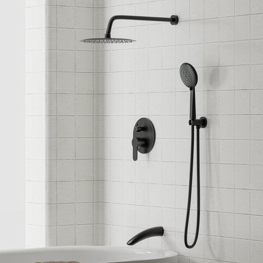 Gabrylly Shower System with Tub Spout, Black Bathtub Shower Faucet Set with 3-Way Pressure Balance Valve Kit, 10' Rain Head with Handheld Spray, Matte Black