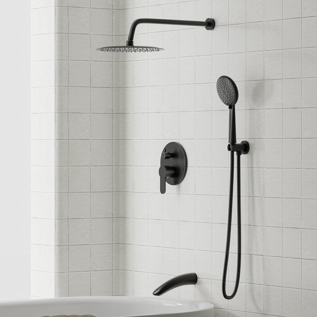 Gabrylly Black Bathtub Shower Faucet Set - 12' Rain Showerhead & Handheld Spray, High Pressure Shower Head with Pressure Balance Valve, Matte Black