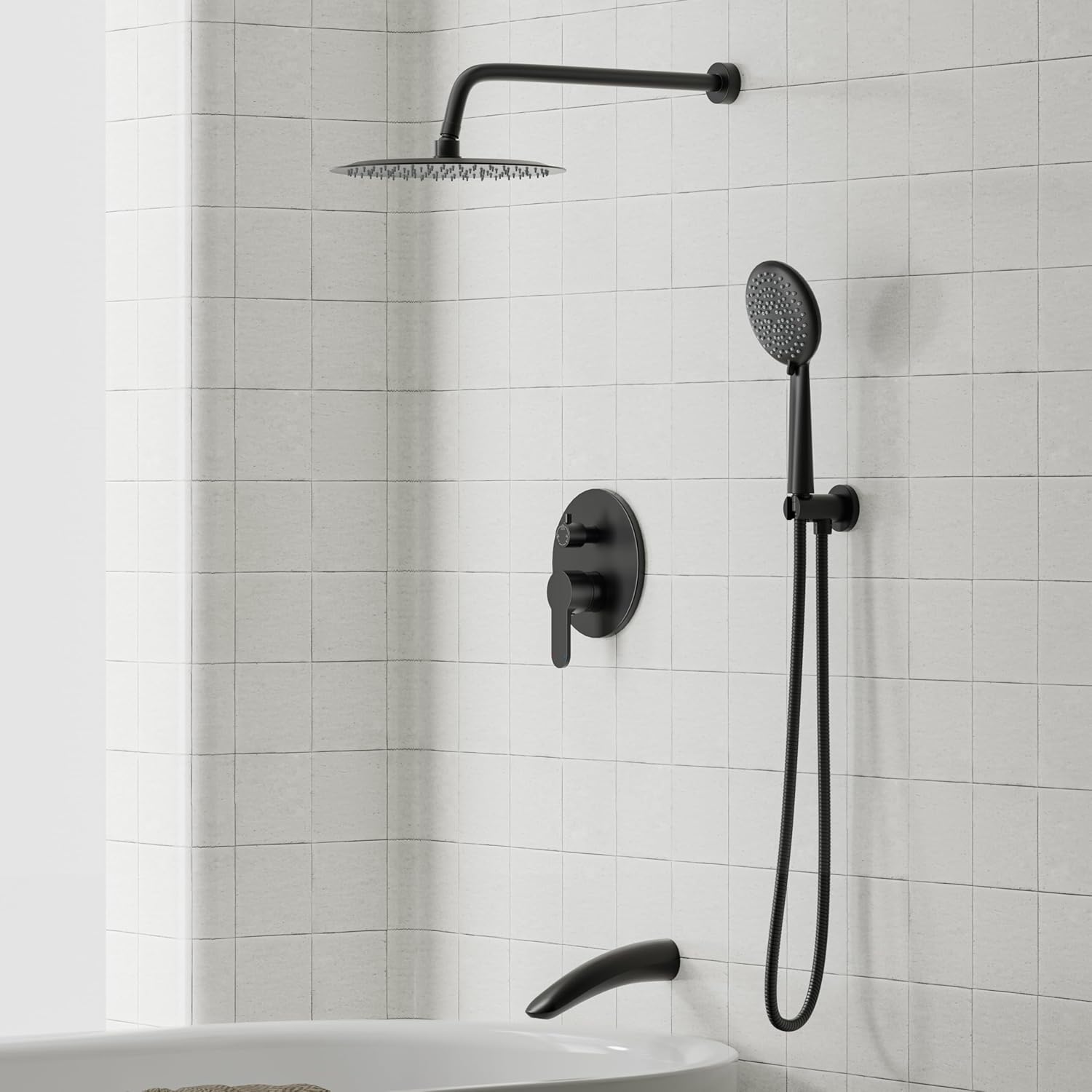 Gabrylly Black Bathtub Shower Faucet Set - 12' Rain Showerhead & Handheld Spray, High Pressure Shower Head with Pressure Balance Valve, Matte Black