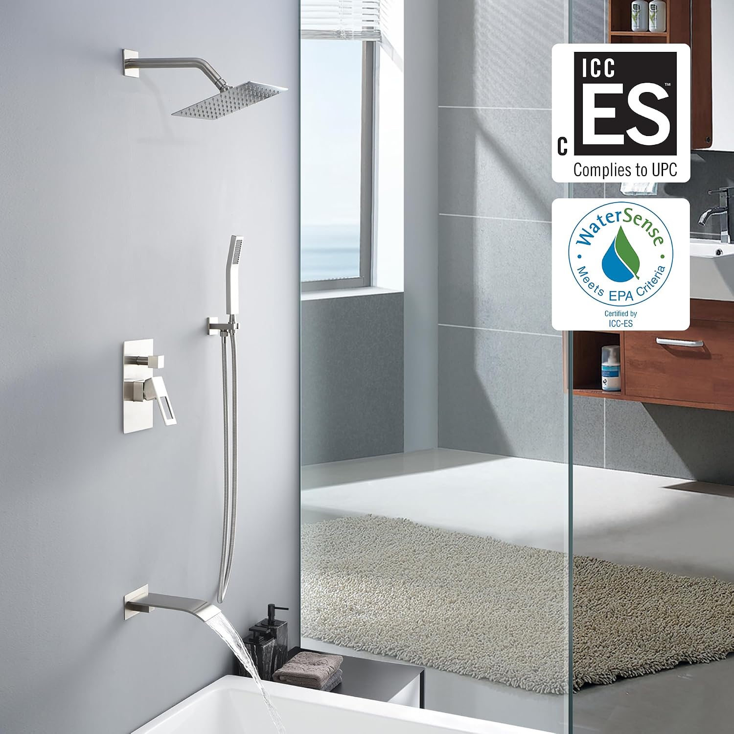 SUMERAIN Brushed Nickel Pressure Balanced Shower System with Waterfall Tub Spout, Tub Shower Faucet