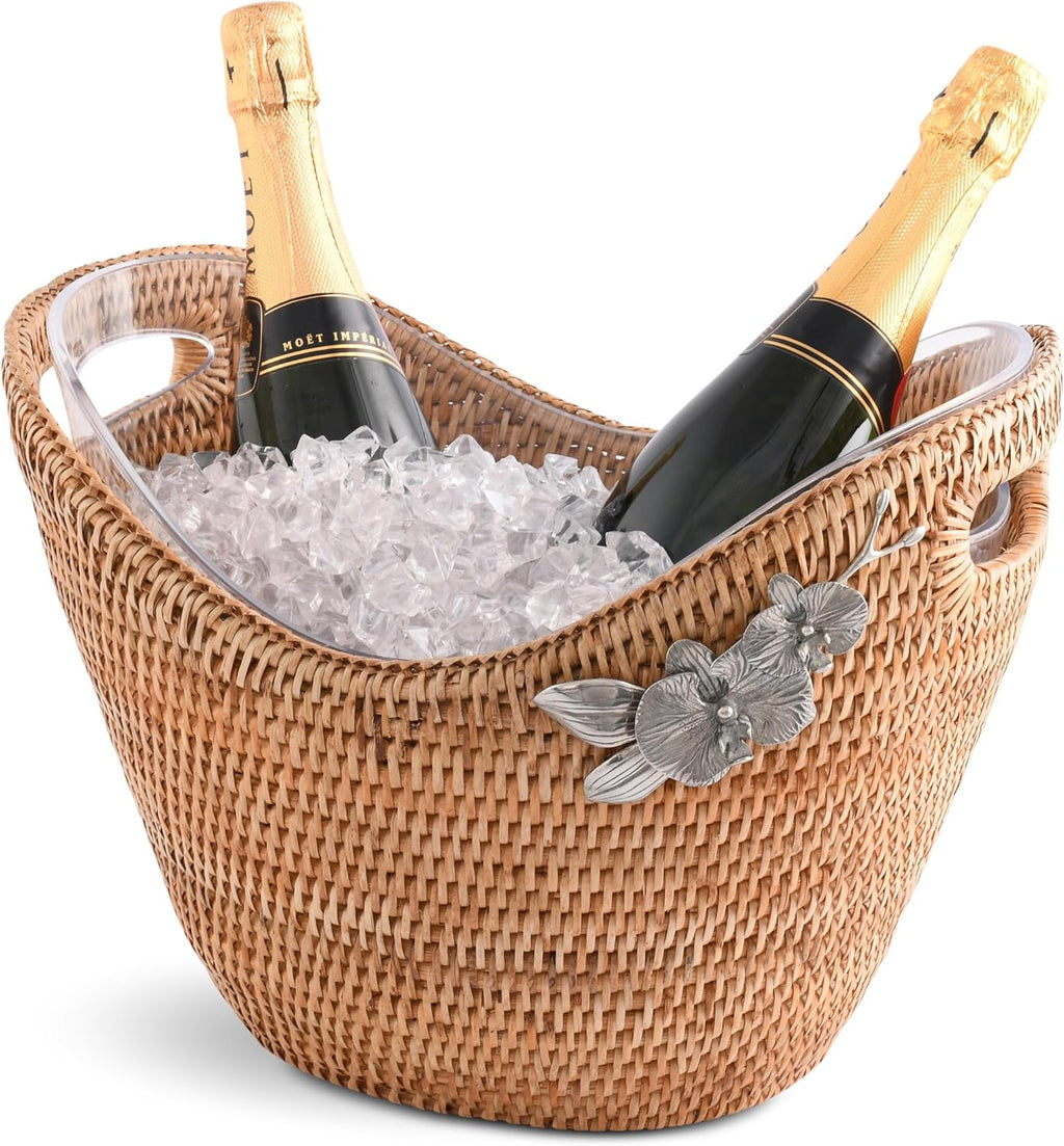 Vagabond House Rattan Wicker Champagne Bucket - Luxury Boho Outdoor Cooler, Ice Holder for Party with Orchid Pewter Accent - Holds Packs of Beer, Wine, Soda Removable Acrylic Lining, Cutout Handles