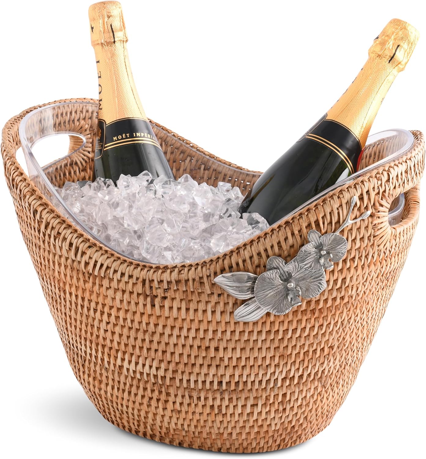 Vagabond House Rattan Wicker Champagne Bucket - Luxury Boho Outdoor Cooler, Ice Holder for Party with Orchid Pewter Accent - Holds Packs of Beer, Wine, Soda Removable Acrylic Lining, Cutout Handles